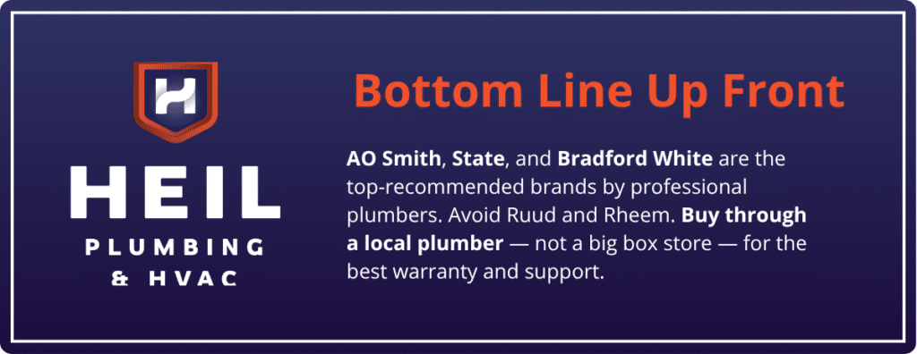 A graphic explains the bottom line of this blog up front.  The best water heater brand according to plumbers is a 3 way tie between AO Smith, State, and Bradford White.