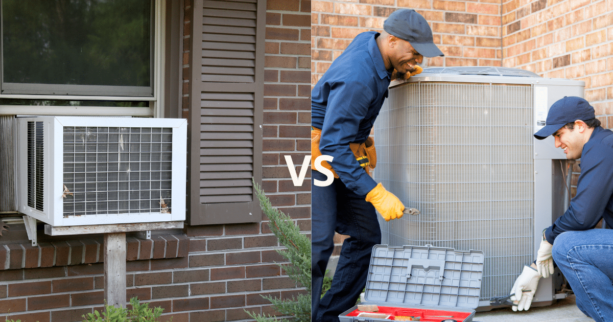The Window AC vs central air debate is highlighted in a split photo featuring each.