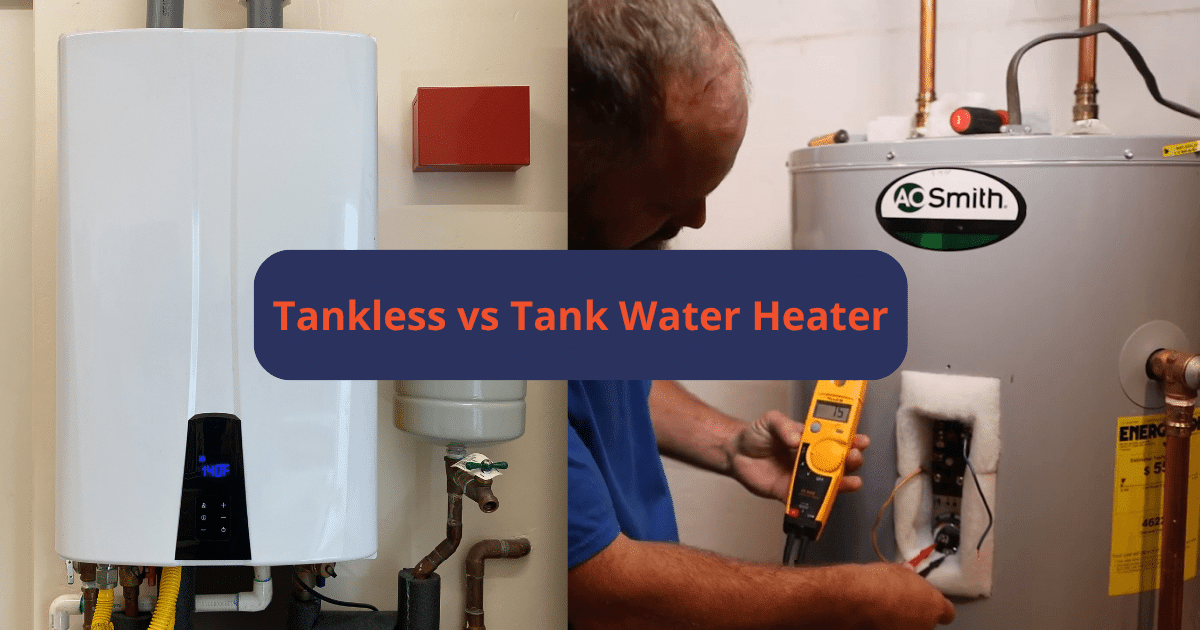 A photo of a tankless water heater is placed next to a photo of a tank water heater and is useful in comparing tankless vs tank water heater.