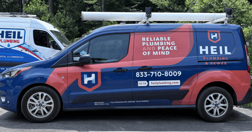 A photo of a Heil plumbing truck is a reminder that Heil plumbers can help when you are wondering, " Why is water pressure low?"
