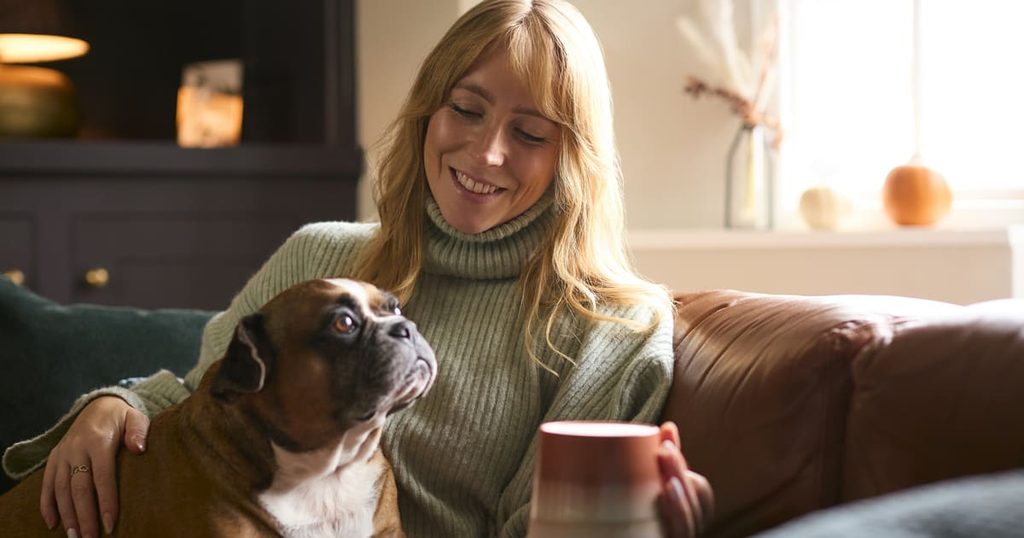 A woman and dog are warm in their home on a chilly day after exploring the difference between boiler and furnace and choosing the best option for their home.